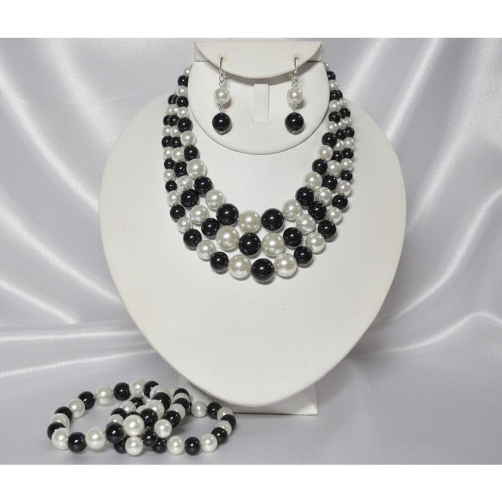 3 PC Clip on silver and pearl, black beaded necklace, bracelet & earring set